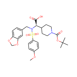 COc1ccc(S(=O)(=O)N(Cc2ccc3c(c2)OCO3)[C@@H](C(=O)O)C2CCN(C(=O)OC(C)(C)C)CC2)cc1 ZINC000028242112