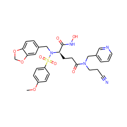 COc1ccc(S(=O)(=O)N(Cc2ccc3c(c2)OCO3)[C@H](CCC(=O)N(CCC#N)Cc2cccnc2)C(=O)NO)cc1 ZINC000026470301