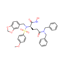 COc1ccc(S(=O)(=O)N(Cc2ccc3c(c2)OCO3)[C@H](CCC(=O)N(Cc2ccccc2)Cc2ccccc2)C(=O)NO)cc1 ZINC000026475550
