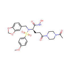 COc1ccc(S(=O)(=O)N(Cc2ccc3c(c2)OCO3)[C@H](CCC(=O)N2CCN(C(C)=O)CC2)C(=O)NO)cc1 ZINC000026404318