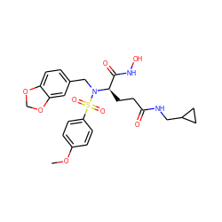 COc1ccc(S(=O)(=O)N(Cc2ccc3c(c2)OCO3)[C@H](CCC(=O)NCC2CC2)C(=O)NO)cc1 ZINC000013535590