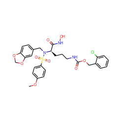 COc1ccc(S(=O)(=O)N(Cc2ccc3c(c2)OCO3)[C@H](CCCNC(=O)OCc2ccccc2Cl)C(=O)NO)cc1 ZINC000028239600