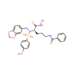 COc1ccc(S(=O)(=O)N(Cc2ccc3c(c2)OCO3)[C@H](CCCNC(=O)c2ccccc2)C(=O)NO)cc1 ZINC000026175123