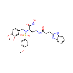 COc1ccc(S(=O)(=O)N(Cc2ccc3c(c2)OCO3)[C@H](CCNC(=O)CCc2nc3ccccc3[nH]2)C(=O)NO)cc1 ZINC000026185337