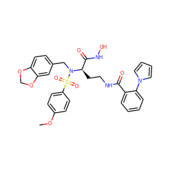 COc1ccc(S(=O)(=O)N(Cc2ccc3c(c2)OCO3)[C@H](CCNC(=O)c2ccccc2-n2cccc2)C(=O)NO)cc1 ZINC000026176077