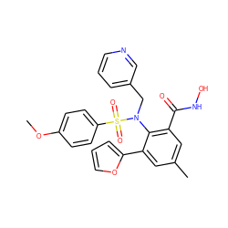 COc1ccc(S(=O)(=O)N(Cc2cccnc2)c2c(C(=O)NO)cc(C)cc2-c2ccco2)cc1 ZINC000026277777