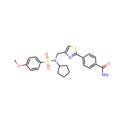 COc1ccc(S(=O)(=O)N(Cc2csc(-c3ccc(C(N)=O)cc3)n2)C2CCCC2)cc1 ZINC000066252395