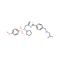 COc1ccc(S(=O)(=O)N(Cc2csc(-c3ccc(CNCC(C)C)cc3)n2)C2CCCC2)cc1 ZINC000066259821