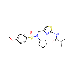 COc1ccc(S(=O)(=O)N(Cc2csc(NC(=O)C(C)C)n2)C2CCCC2)cc1 ZINC000066101085