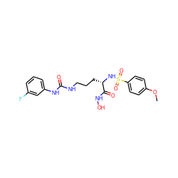 COc1ccc(S(=O)(=O)N[C@@H](CCCNC(=O)Nc2cccc(F)c2)C(=O)NO)cc1 ZINC000026182301