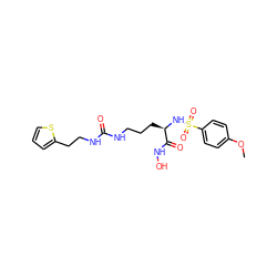 COc1ccc(S(=O)(=O)N[C@H](CCCNC(=O)NCCc2cccs2)C(=O)NO)cc1 ZINC000026178886