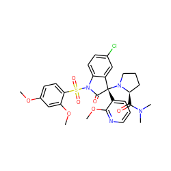 COc1ccc(S(=O)(=O)N2C(=O)[C@@](c3cccnc3OC)(N3CCC[C@H]3C(=O)N(C)C)c3cc(Cl)ccc32)c(OC)c1 ZINC000071333280