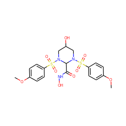 COc1ccc(S(=O)(=O)N2CC(O)CN(S(=O)(=O)c3ccc(OC)cc3)C2C(=O)NO)cc1 ZINC000013781069