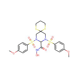 COc1ccc(S(=O)(=O)N2CC3(CN(S(=O)(=O)c4ccc(OC)cc4)C2C(=O)NO)SCCCS3)cc1 ZINC000003939324