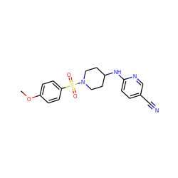 COc1ccc(S(=O)(=O)N2CCC(Nc3ccc(C#N)cn3)CC2)cc1 ZINC000014331986