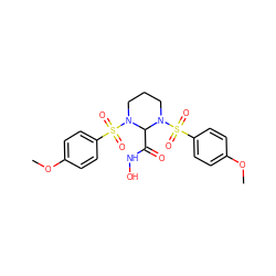 COc1ccc(S(=O)(=O)N2CCCN(S(=O)(=O)c3ccc(OC)cc3)C2C(=O)NO)cc1 ZINC000013781067