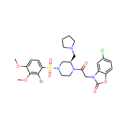 COc1ccc(S(=O)(=O)N2CCN(C(=O)Cn3c(=O)oc4ccc(Cl)cc43)[C@H](CN3CCCC3)C2)c(Br)c1OC ZINC000049898823