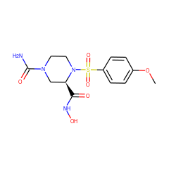 COc1ccc(S(=O)(=O)N2CCN(C(N)=O)C[C@@H]2C(=O)NO)cc1 ZINC000013804676