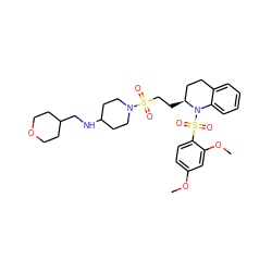COc1ccc(S(=O)(=O)N2c3ccccc3CC[C@@H]2CCS(=O)(=O)N2CCC(NCC3CCOCC3)CC2)c(OC)c1 ZINC000049694995