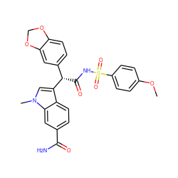 COc1ccc(S(=O)(=O)NC(=O)[C@@H](c2ccc3c(c2)OCO3)c2cn(C)c3cc(C(N)=O)ccc23)cc1 ZINC000013436395