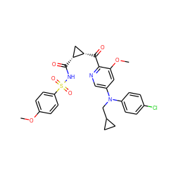 COc1ccc(S(=O)(=O)NC(=O)[C@@H]2C[C@@H]2C(=O)c2ncc(N(CC3CC3)c3ccc(Cl)cc3)cc2OC)cc1 ZINC001772624846