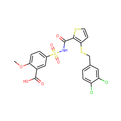 COc1ccc(S(=O)(=O)NC(=O)c2sccc2SCc2ccc(Cl)c(Cl)c2)cc1C(=O)O ZINC000073140965