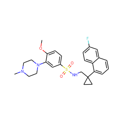 COc1ccc(S(=O)(=O)NCC2(c3cccc4cc(F)ccc34)CC2)cc1N1CCN(C)CC1 ZINC000653726375