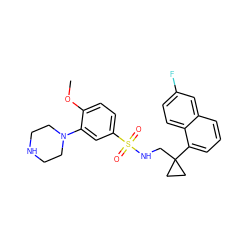 COc1ccc(S(=O)(=O)NCC2(c3cccc4cc(F)ccc34)CC2)cc1N1CCNCC1 ZINC000653724782