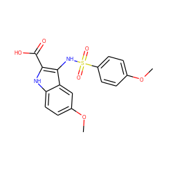 COc1ccc(S(=O)(=O)Nc2c(C(=O)O)[nH]c3ccc(OC)cc23)cc1 ZINC000002342529