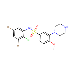 COc1ccc(S(=O)(=O)Nc2cc(Br)cc(Br)c2Cl)cc1N1CCNCC1 ZINC000027654790