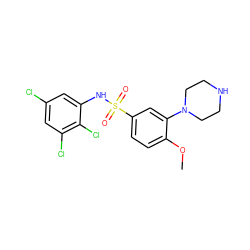 COc1ccc(S(=O)(=O)Nc2cc(Cl)cc(Cl)c2Cl)cc1N1CCNCC1 ZINC000027656681