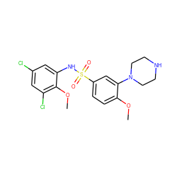 COc1ccc(S(=O)(=O)Nc2cc(Cl)cc(Cl)c2OC)cc1N1CCNCC1 ZINC000003973612