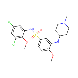 COc1ccc(S(=O)(=O)Nc2cc(Cl)cc(Cl)c2OC)cc1NC1CCN(C)CC1 ZINC000058603486