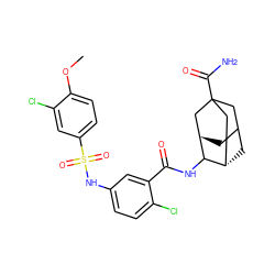 COc1ccc(S(=O)(=O)Nc2ccc(Cl)c(C(=O)NC3[C@H]4CC5C[C@H]3CC(C(N)=O)(C5)C4)c2)cc1Cl ZINC001772605851