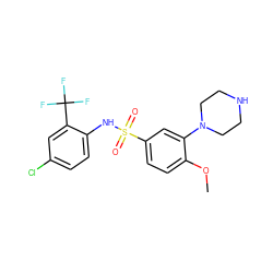 COc1ccc(S(=O)(=O)Nc2ccc(Cl)cc2C(F)(F)F)cc1N1CCNCC1 ZINC000027642286