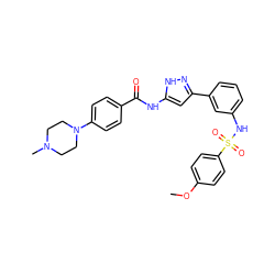 COc1ccc(S(=O)(=O)Nc2cccc(-c3cc(NC(=O)c4ccc(N5CCN(C)CC5)cc4)[nH]n3)c2)cc1 ZINC000072178236