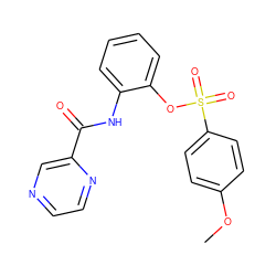 COc1ccc(S(=O)(=O)Oc2ccccc2NC(=O)c2cnccn2)cc1 ZINC000029394280