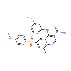 COc1ccc(S(=O)(=O)c2cc(C)c3ncc(C(N)=O)c(Nc4cccc(OC)c4)c3c2)cc1 ZINC000006717509