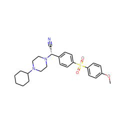 COc1ccc(S(=O)(=O)c2ccc([C@@H](C#N)N3CCN(C4CCCCC4)CC3)cc2)cc1 ZINC000026281817