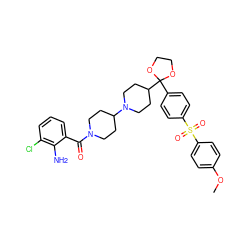 COc1ccc(S(=O)(=O)c2ccc(C3(C4CCN(C5CCN(C(=O)c6cccc(Cl)c6N)CC5)CC4)OCCO3)cc2)cc1 ZINC000027103157