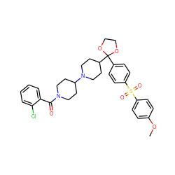 COc1ccc(S(=O)(=O)c2ccc(C3(C4CCN(C5CCN(C(=O)c6ccccc6Cl)CC5)CC4)OCCO3)cc2)cc1 ZINC000027097105