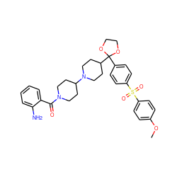 COc1ccc(S(=O)(=O)c2ccc(C3(C4CCN(C5CCN(C(=O)c6ccccc6N)CC5)CC4)OCCO3)cc2)cc1 ZINC000027103152