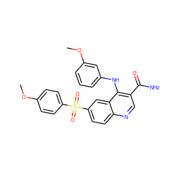 COc1ccc(S(=O)(=O)c2ccc3ncc(C(N)=O)c(Nc4cccc(OC)c4)c3c2)cc1 ZINC000045254189