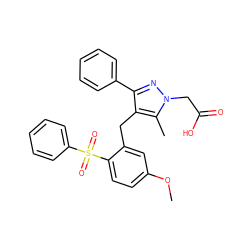 COc1ccc(S(=O)(=O)c2ccccc2)c(Cc2c(-c3ccccc3)nn(CC(=O)O)c2C)c1 ZINC000103237939