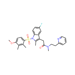 COc1ccc(S(=O)(=O)n2c(C)c(CC(=O)N(C)CCc3ccccn3)c3cc(F)ccc32)c(C)c1C ZINC000071332660