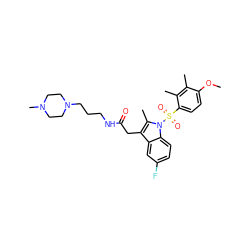 COc1ccc(S(=O)(=O)n2c(C)c(CC(=O)NCCCN3CCN(C)CC3)c3cc(F)ccc32)c(C)c1C ZINC000071331099