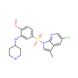 COc1ccc(S(=O)(=O)n2cc(C)c3cc(Cl)cnc32)cc1NC1CCNCC1 ZINC000095566175