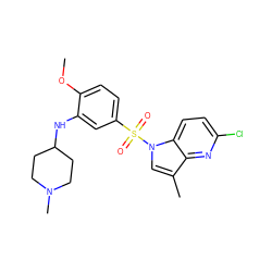 COc1ccc(S(=O)(=O)n2cc(C)c3nc(Cl)ccc32)cc1NC1CCN(C)CC1 ZINC000095564767