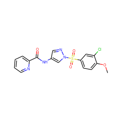 COc1ccc(S(=O)(=O)n2cc(NC(=O)c3ccccn3)cn2)cc1Cl ZINC000116776996