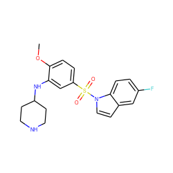 COc1ccc(S(=O)(=O)n2ccc3cc(F)ccc32)cc1NC1CCNCC1 ZINC000095564695
